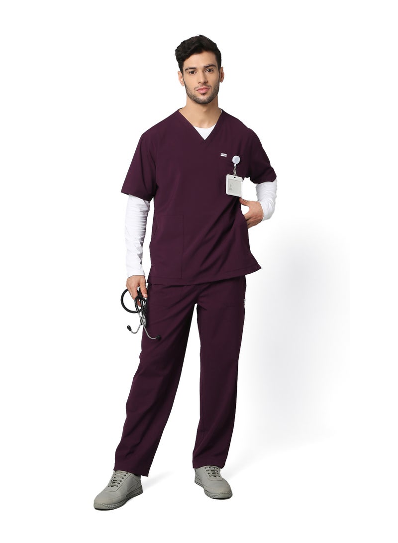 KNYA Ecoflex Men's 5 Pocket Active Scrub Suit | Athleisure wear | Modern V neck | For Doctors (L, Wine) - Image 1